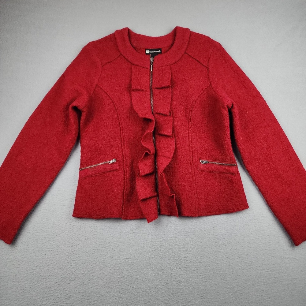 Valerie Bertinelli Jacket Womens Large Red Wool Ruffle Full Zip Pockets Career